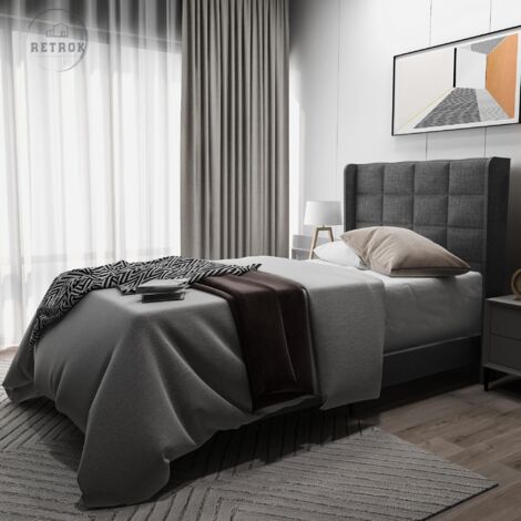 Lit rembourré au design moderne avec tête de lit rembourrée, lit simple avec sommier à lattes, 90x200cm, en lin gris, fermeté moyenne (sans matelas)