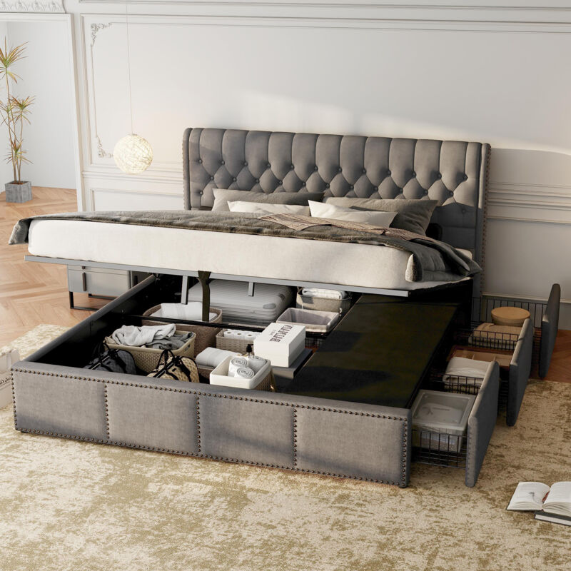 Okwish - Lit coffre 160x200 cm lit hydraulique avec 3 tiroirs, décoration rivet et grand espace de rangement, tissu en lin, gris, sans matelas