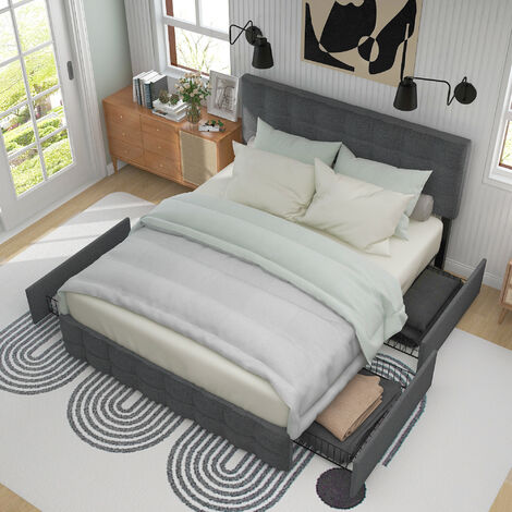 Lit rembourré avec 4 tiroirs et matelas à ressorts, lit double avec sommier à lattes, tête de lit réglable en hauteur et coutures carrées, support à lattes en métal (140 x 200 cm, gris)