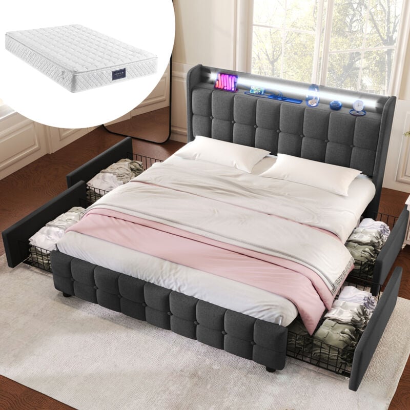 Lit rembourré avec 4 tiroirs, led et chargement usb, lin - 160 x 200 cm, Gris, Matelas Inclus