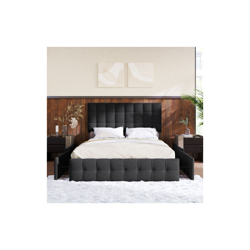 Lit rembourré avec 4 tiroirs, lit double avec sommier à lattes, lit de rangement, tête de lit réglable en hauteur & design de couture carré, support