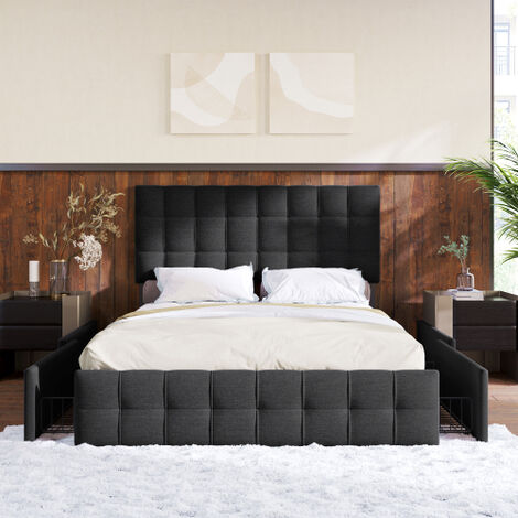 Lit rembourré avec 4 tiroirs, lit double avec sommier à lattes, lit de rangement, tête de lit réglable en hauteur et coutures carrées, support à lattes en métal, matériau en lin (140 x 200 cm, noir)