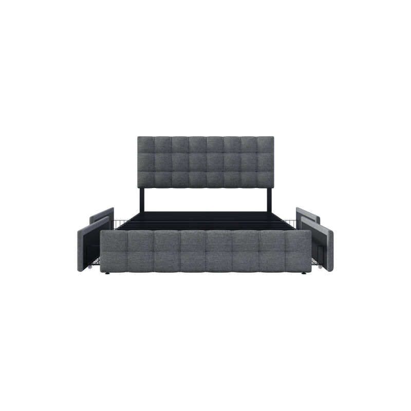 Gutent - Lit rembourré avec 4 tiroirs, tête de lit réglable en hauteur et coutures carrées, avec matelas (140x200 cm, gris)