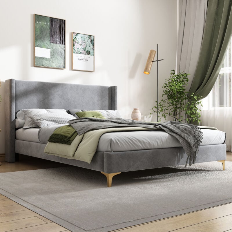 Redom - Lit capitonné, avec sommier à lattes, 140 x 200cm, en velours, gris, banquette avec rangement