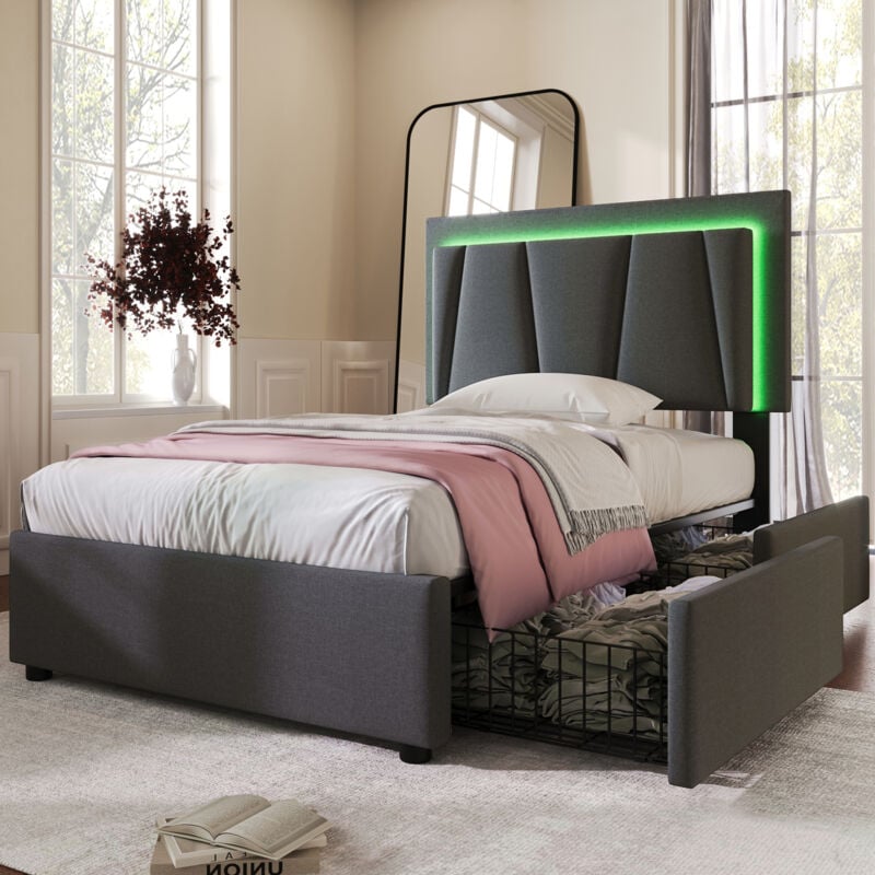 Redom - Lit adulte 90x200 cm avec tête de lit réglable en hauteur et éclairage led, sommier à lattes en bois, sans matelas, 4 tiroirs, gris