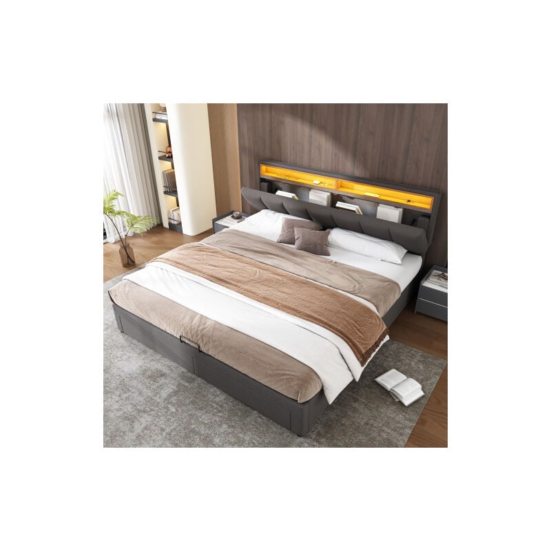 Okwish - Lit coffre hydraulique 140x200 cm avec éclairage led, tiroirs et compartiments de rangement, tête de lit escamotable en mousse, en acier,