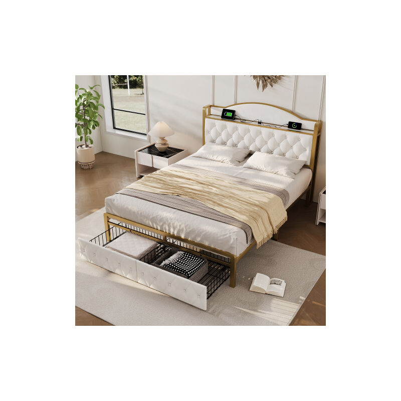 Lit rembourré avec fonction de chargement USB Type C et tiroirs, lit double 140 x 200 lits de rangement Cadre de lit avec sommier à lattes en métal,