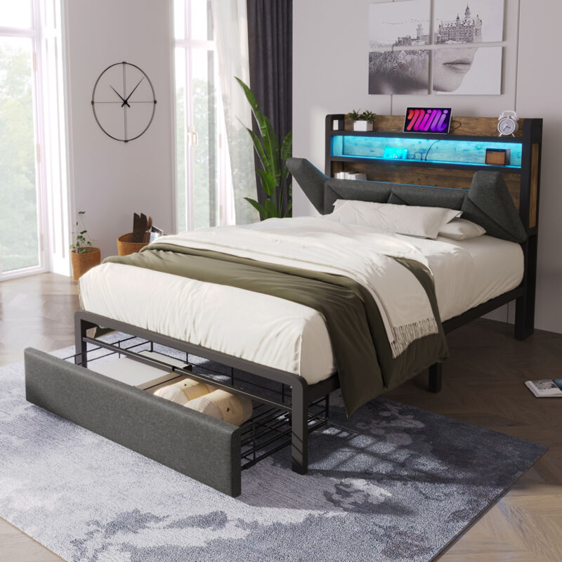 Lit adulte Lit simple 90 x 200 cm avec fonction de chargement USB Type C et tiroirs, tête de lit avec éclairage LED, gris, sans matelas