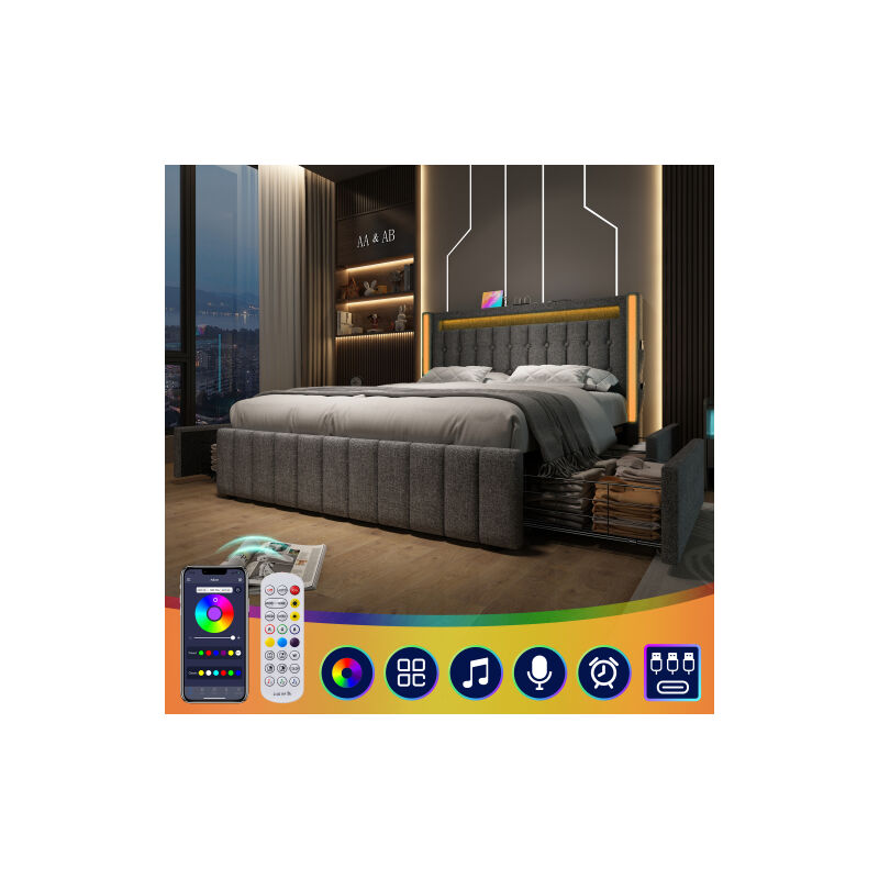 Lit rembourré avec fonction de recharge USB Type C, éclairage LED et 4 tiroirs, lit double 140x200cm, cadre de lit, sommier à lattes en bois, gris