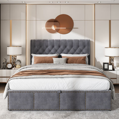 Lit rembourré, avec levier hydraulique, lit de rangement fonctionnel, décor de rivet, 140 x 200 cm, sans matelas, velours, gris
