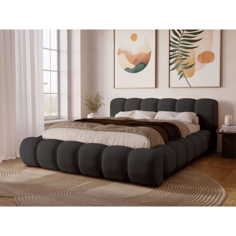 Graingold - Lit rembourré avec rangement 160x200 velours gris foncé Doria