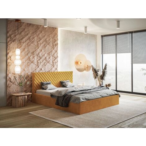 Lit rembourré avec rangement 160x200 velours jaune Esma