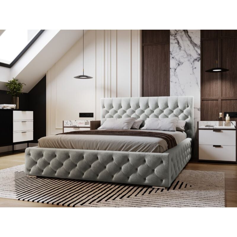 Graingold - Lit rembourré avec rangement 200x200 velours gris clair Velutto