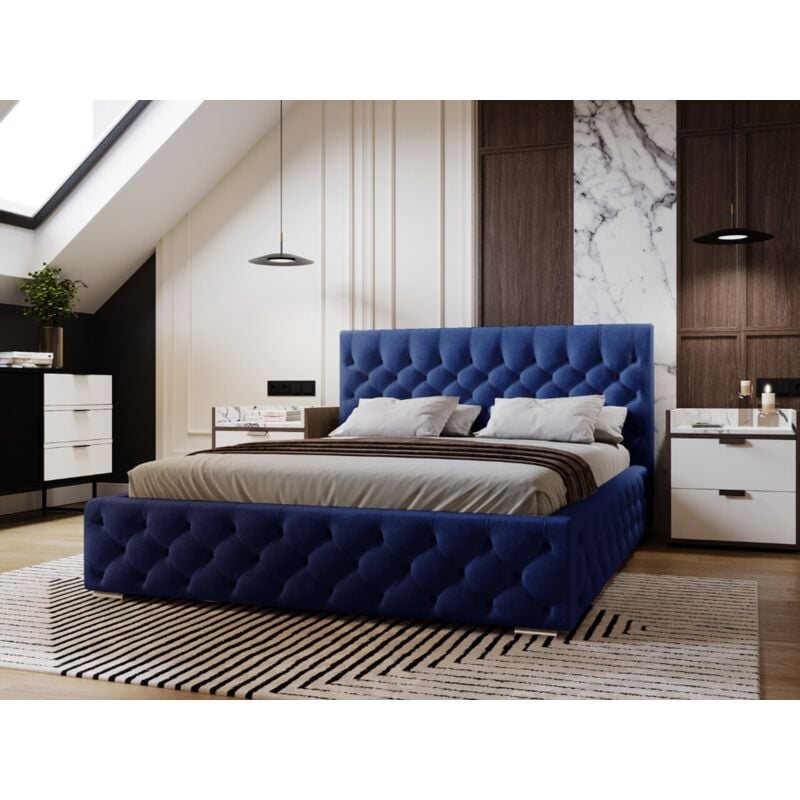 Graingold - Lit rembourré avec rangement 180x200 velours bleu Velutto