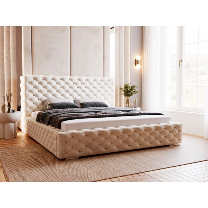 Lit rembourré avec rangement 200x200 velours beige Astra
