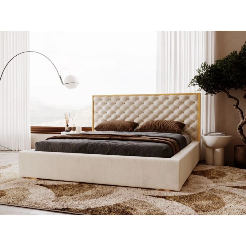 Graingold - Lit rembourré avec rangement 200x200 velours beige Bonito