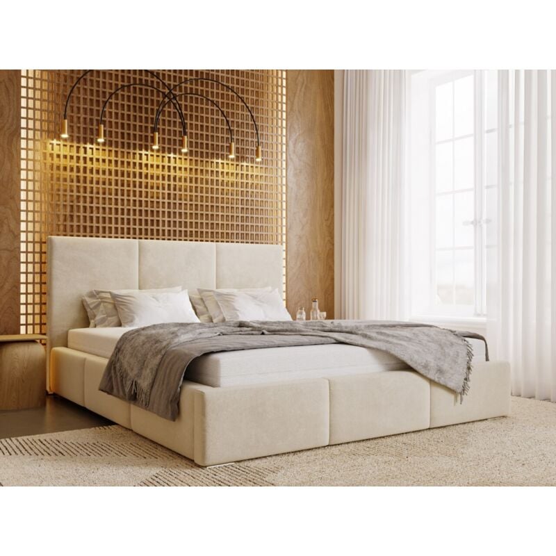 Graingold - Lit rembourré avec rangement 200x200 velours beige Lincoln