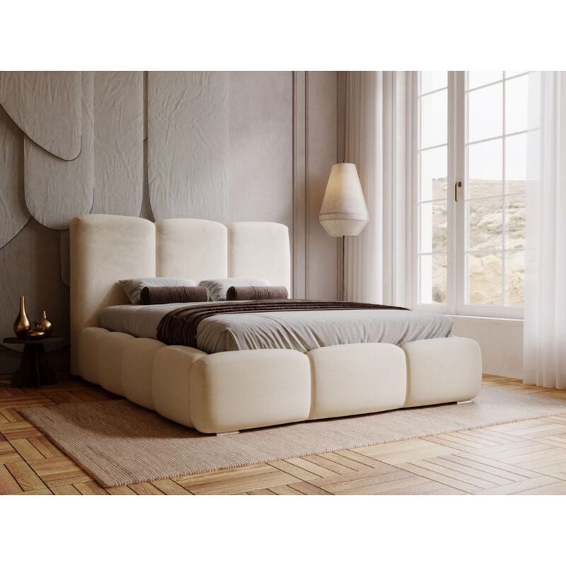Graingold - Lit rembourré avec rangement 160x200 velours beige Bubble
