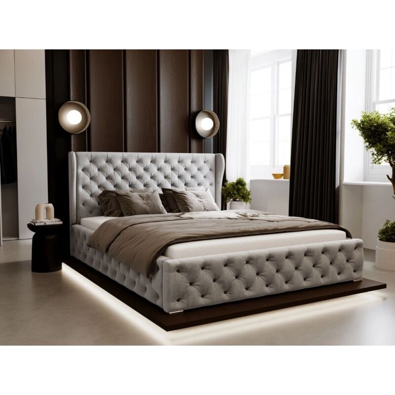 Lit rembourré avec rangement 200x200 velours gris clair Kingston