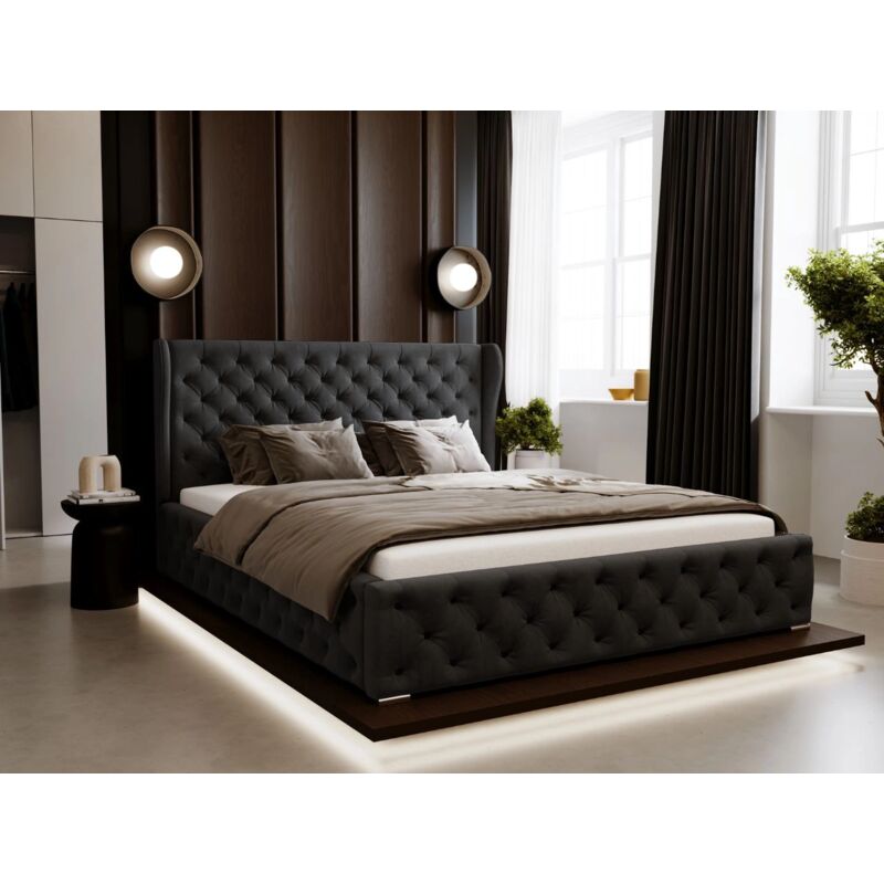 Graingold - Lit rembourré avec rangement 200x200 velours noir Kingston