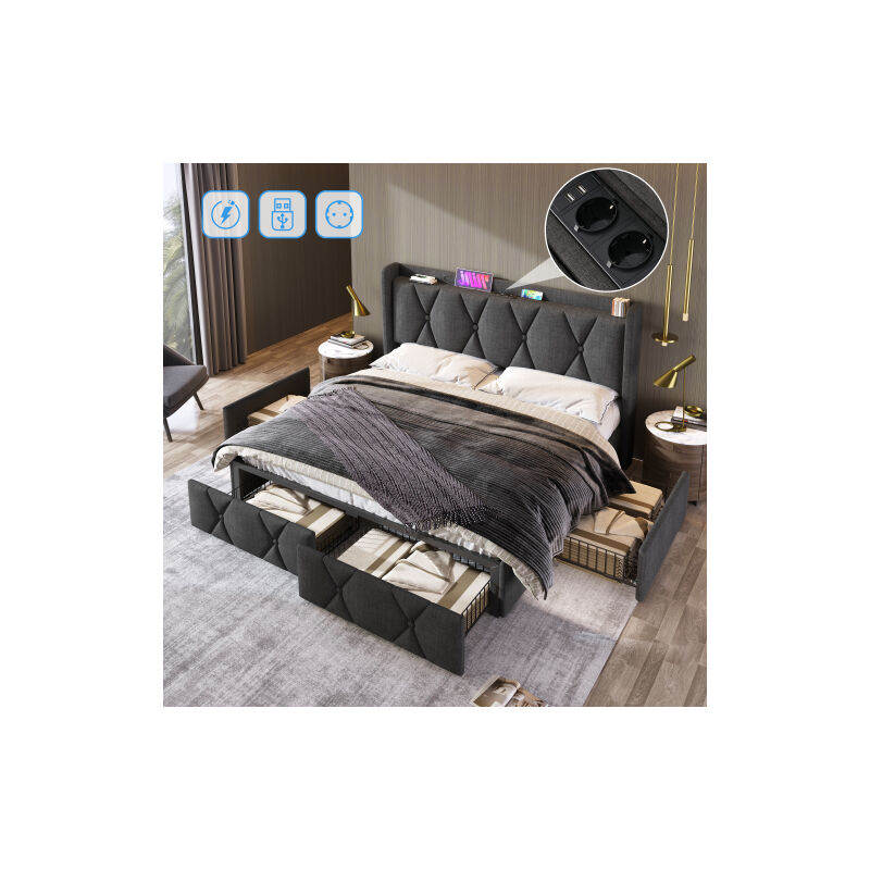 Lit rembourré avec recharge USB Tête de lit et 4 tiroirs,Lit double 140x200cm Lit de rangement, sommier à lattes en bois, Gris (sans matelas)