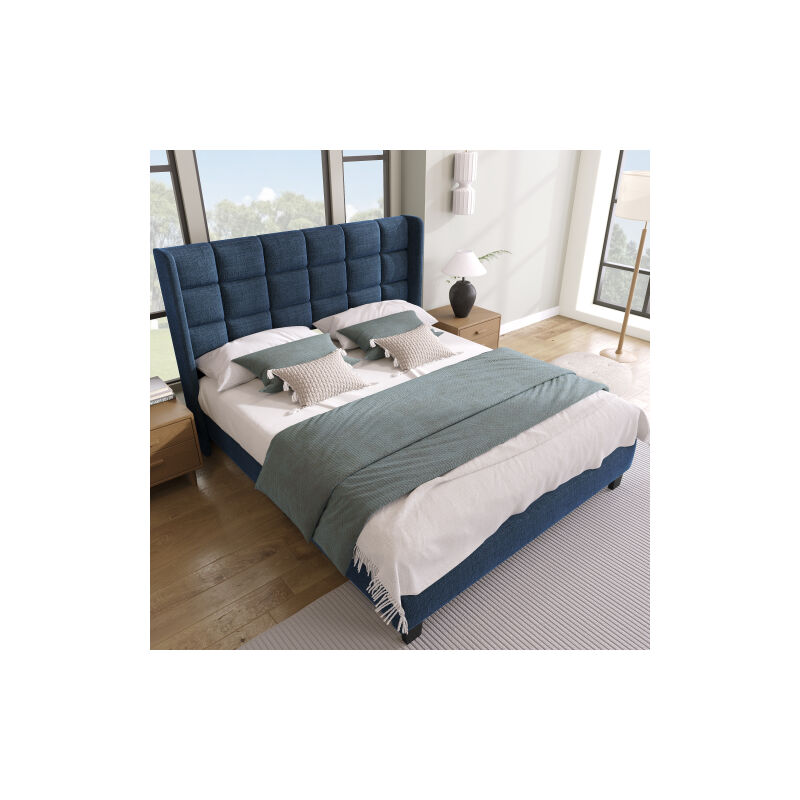 Lit rembourré avec sa tête de lit rembourrée Lit double avec sommier à lattes, 140x200cm, en lin bleu, moyennement ferme (sans matelas)