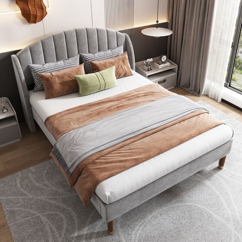 Lit capitonné pour adulte Lit 160x200 avec sommier à lattes, supports à lattes en bois, facile à monter, velours, gris