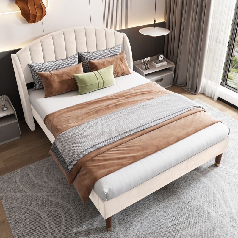 Lit capitonné pour adulte Lit 140x190 avec sommier à lattes, supports à lattes en bois, facile à monter, velours, beige