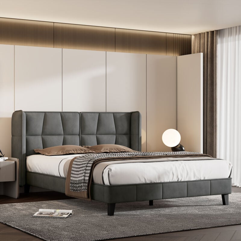 Redom - Lit adulte capitonné 140x200 cm, lit 2 place avec sommier à lattes et tête de lit, lit jeune, velours, gris