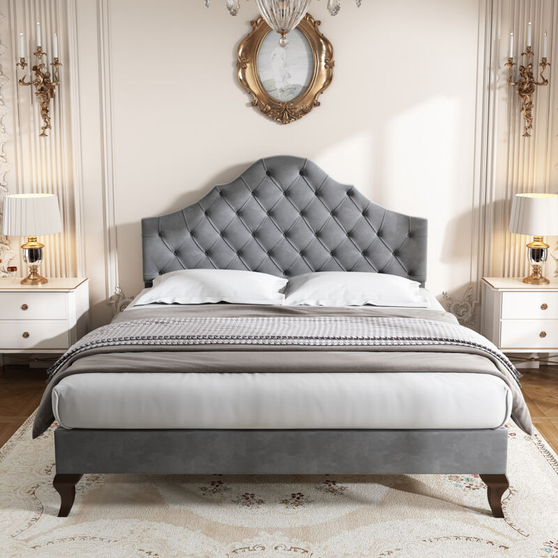 Redom - Lit adulte capitonné 140x200 cm avec sommier à lattes en bois et tête de lit, Velours, gris