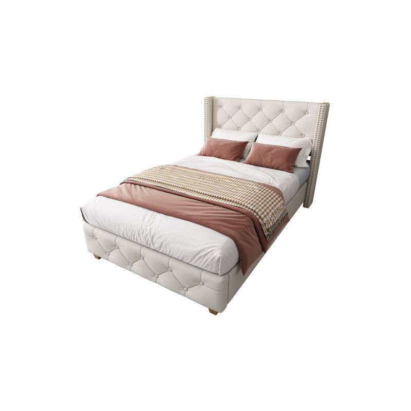 Redom - Lit capitonné 90200cm avec sommier à lattes et tête de lit, revêtement boutons, revêtement rivets, pieds bois, lin, beige