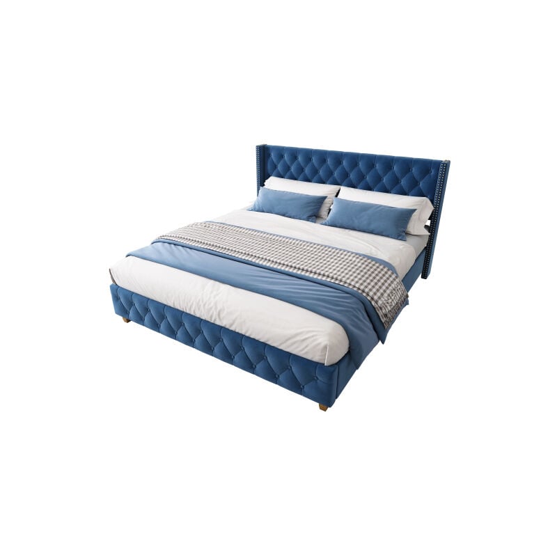 Redom - Lit capitonné 160200cm avec sommier à lattes et tête de lit, revêtement boutons, revêtement rivets, pieds bois, velours, bleu