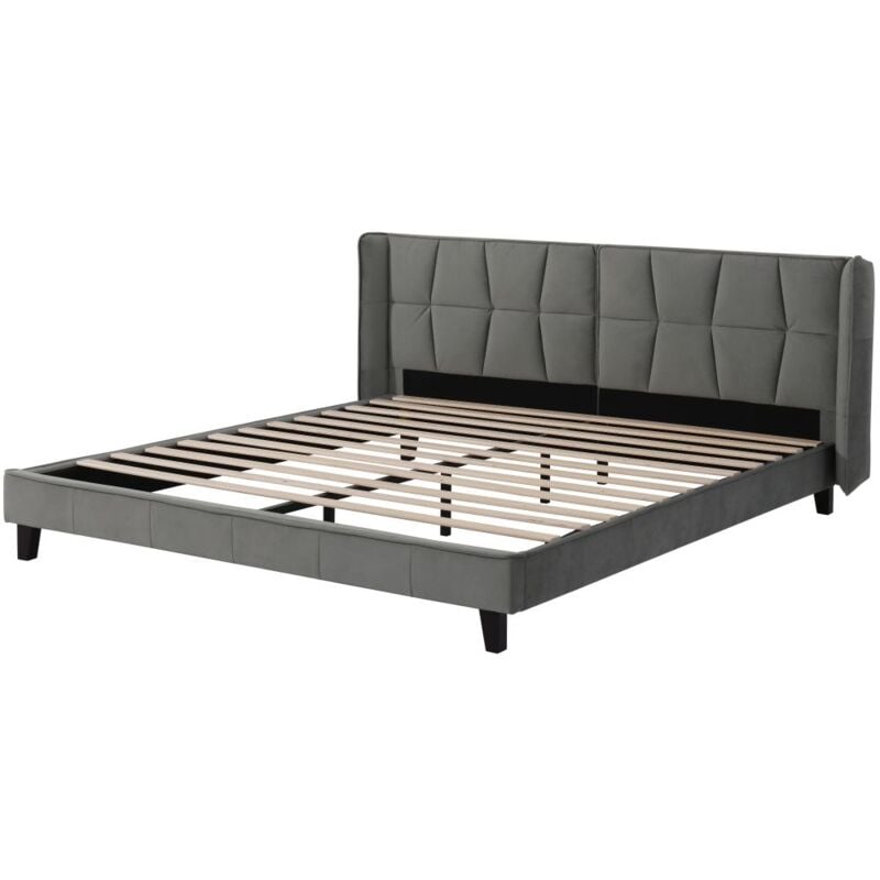 Gutent - Lit rembourré avec sommier à lattes et tête de lit,support de lattes en bois, velours, gris-180 x 200cm