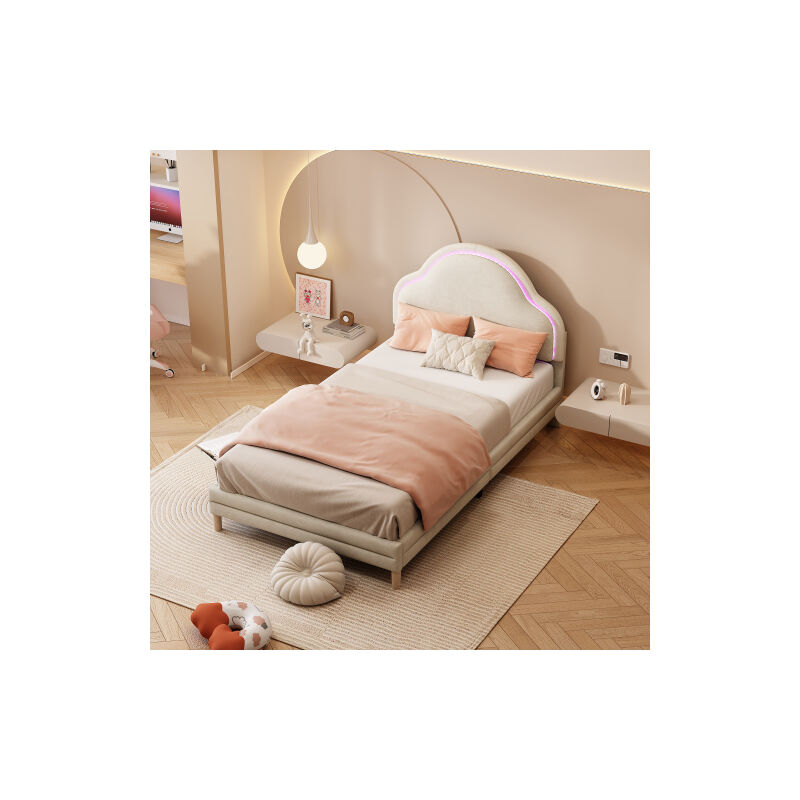 Lit rembourré avec tête de lit en nuage avec bandes lumineuses LED colorées, lit bébé avec lattes en bois, lit simple, velours,90x200cm