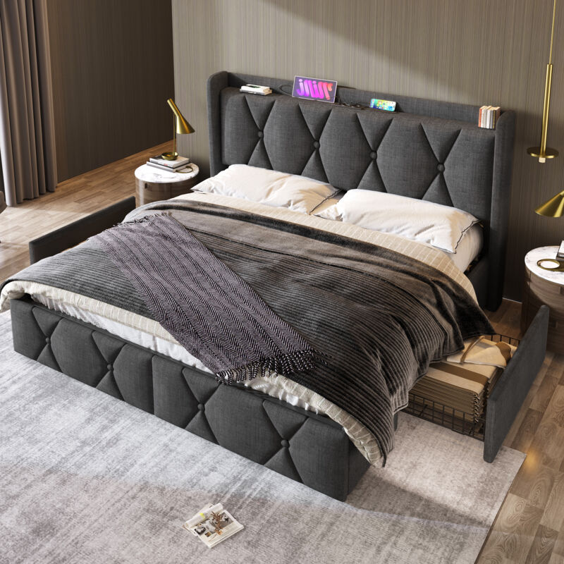 Lit double rembourré 160x200 cm lit adulte avec tête de lit, 4 tiroirs, port USB, espace de rangement et sommier à lattes, tissu en lin gris, sans