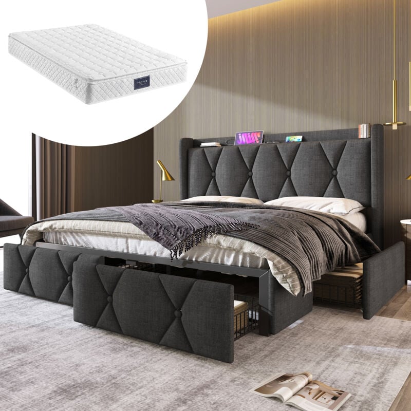 Lit adulte rembourré avec 4 tiroirs, avec chargement usb, lit double 160x200cm, sommier à lattes en bois, gris (avec matelas)