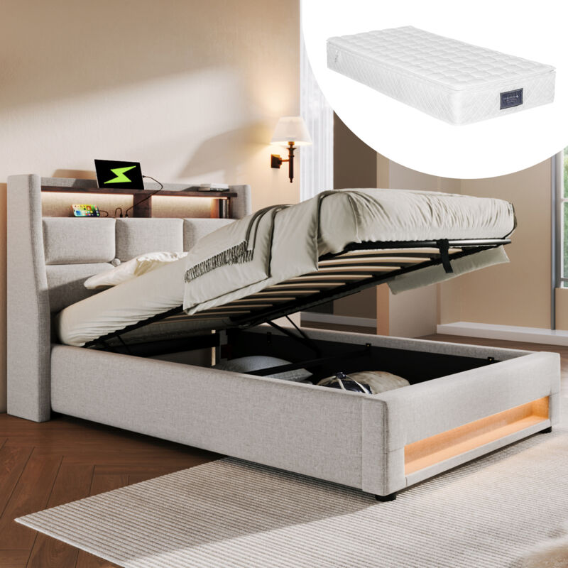 Redom - Lit coffre rembourré avec usb 90x200 cm, lit simple led avec sommier à lattes en métal, lin, Beige (avec matelas)