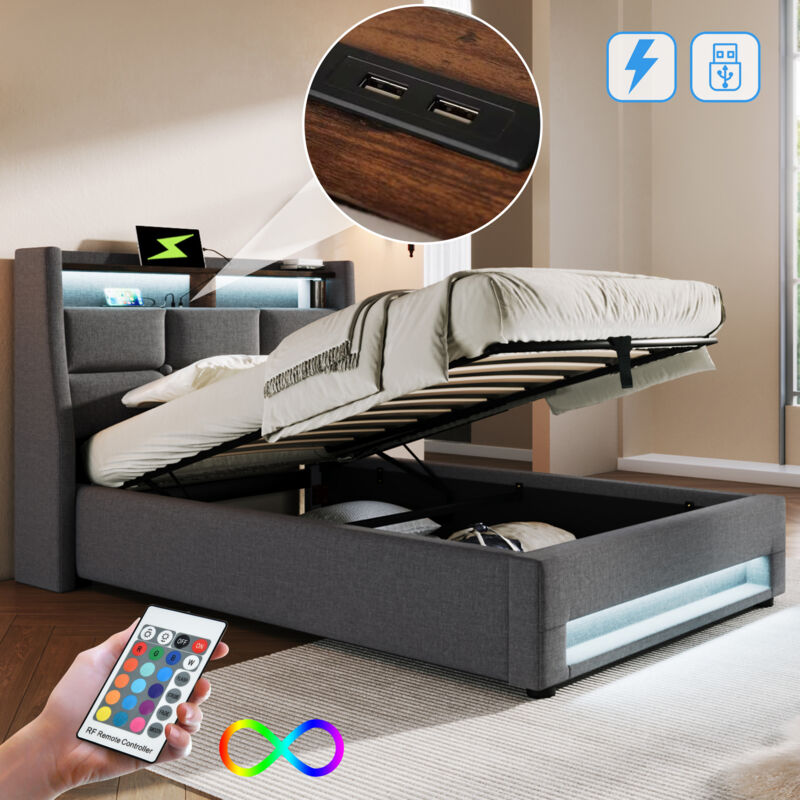 Redom - Lit coffre rembourré avec usb 90x200 cm, lit simple led avec sommier à lattes en métal, lin, Gris (sans matelas)
