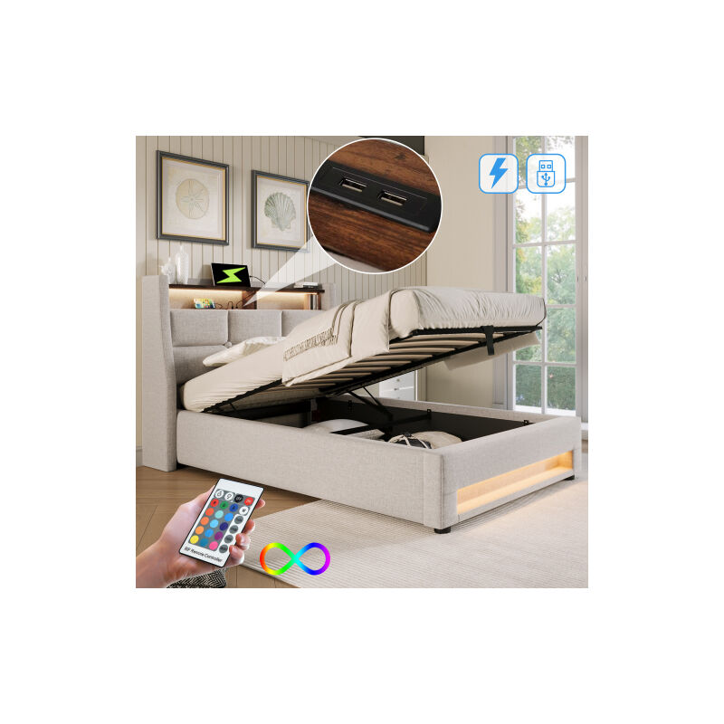 Lit rembourré avec USB 90x200cm,Lit simple LED avec sommier à lattes métalliques,Cadre de lit en lin Lit pour adolescents (Sans matelas)