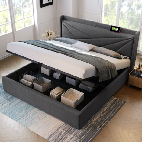 Lit rembourré, avec USB Type C tête de lit, sommier à lattes, lits de rangement, 140x200cm, en tissu, gris (sans matelas)