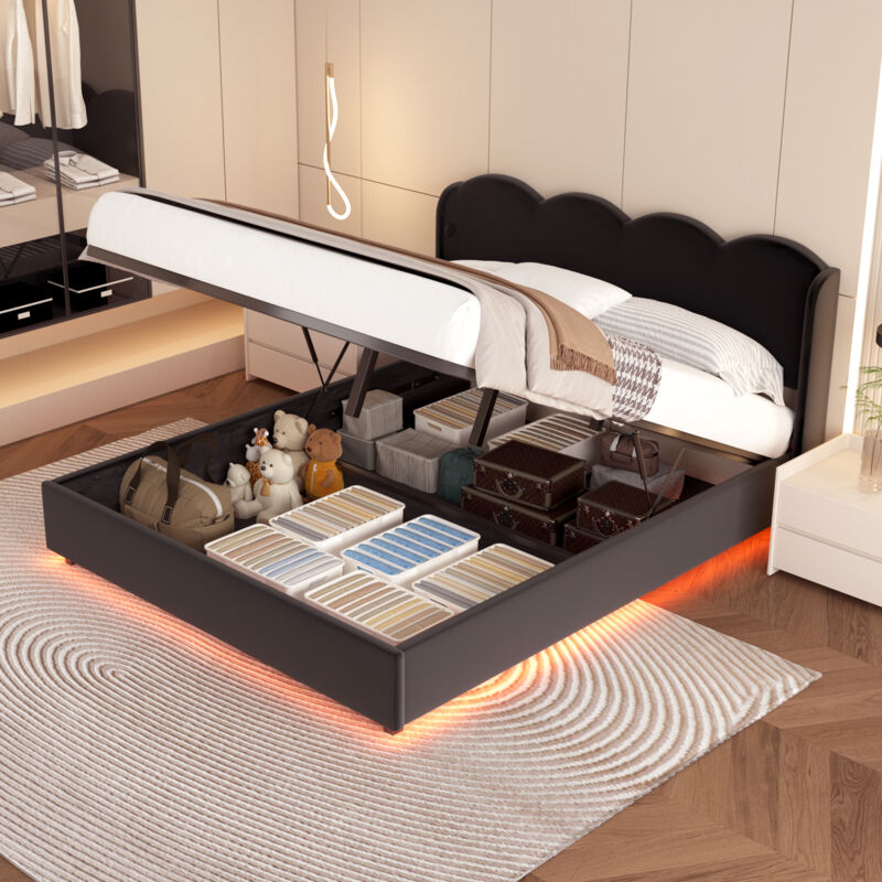 Okwish - Lit coffre 140x200 cm lit double rembourré avec lumière led, chargement usb+c et grand espace de rangement, en velours, noir