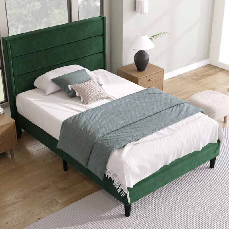 Okwish - Lit simple 90x200 cm lit capitonné avec la tête de lit et sommier à lattes, tissu en lin, vert, sans matelas