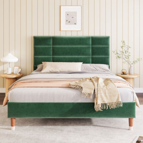 Lit rembourré, cadre de lit rembourré avec sommier à lattes et tête de lit 140x200 cm, velours vert foncé, convient aux adultes et aux adolescents, (matelas non inclus)