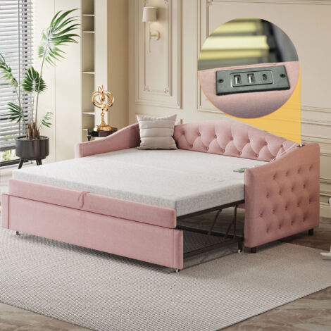 Lit rembourré, canapé-lit extensible 90200 cm, avec port USB, forme classique avec boutons, lin,rose