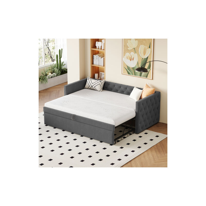 Okwish - Canapé-lit gigogne 90 x 200 cm avec sommier à lattes, tissu velours doux pour la peau, gris, sans matelas