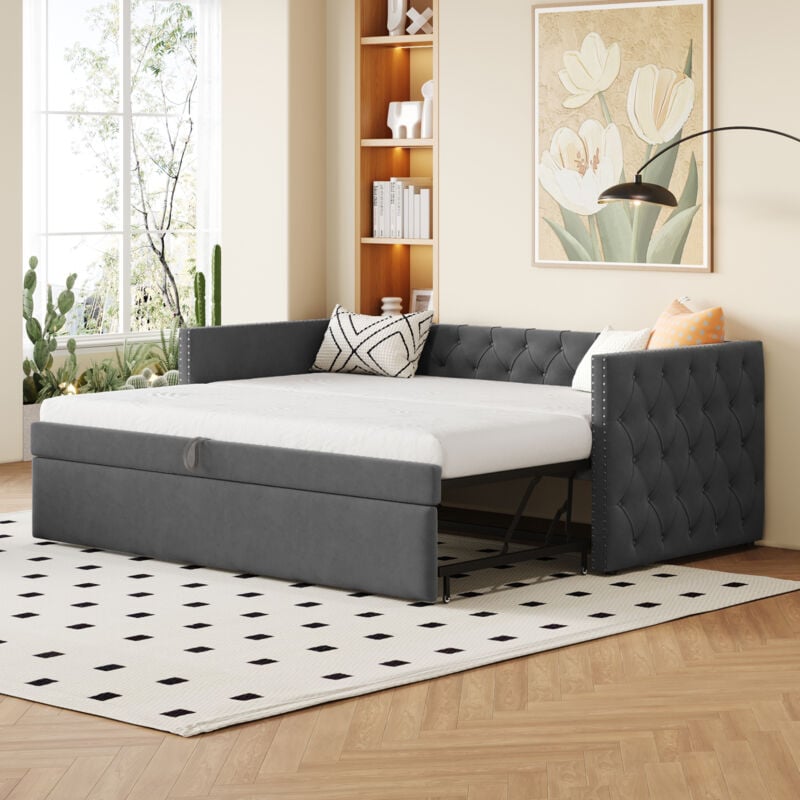 Redom - Lit rembourré, canapé-lit gigogne 90 x 200 cm, forme complète classique avec boutons, avec sommier à lattes, lit d'appoint multifonction,