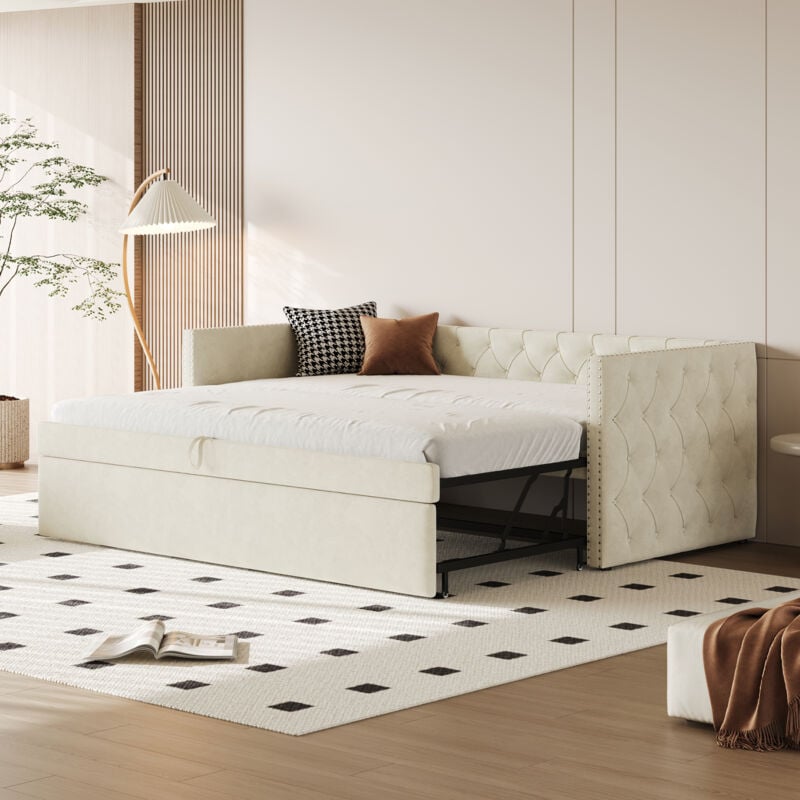 Redom - Lit rembourré, canapé-lit gigogne 90 x 200 cm, forme complète classique avec boutons, avec sommier à lattes, lit d'appoint multifonction,