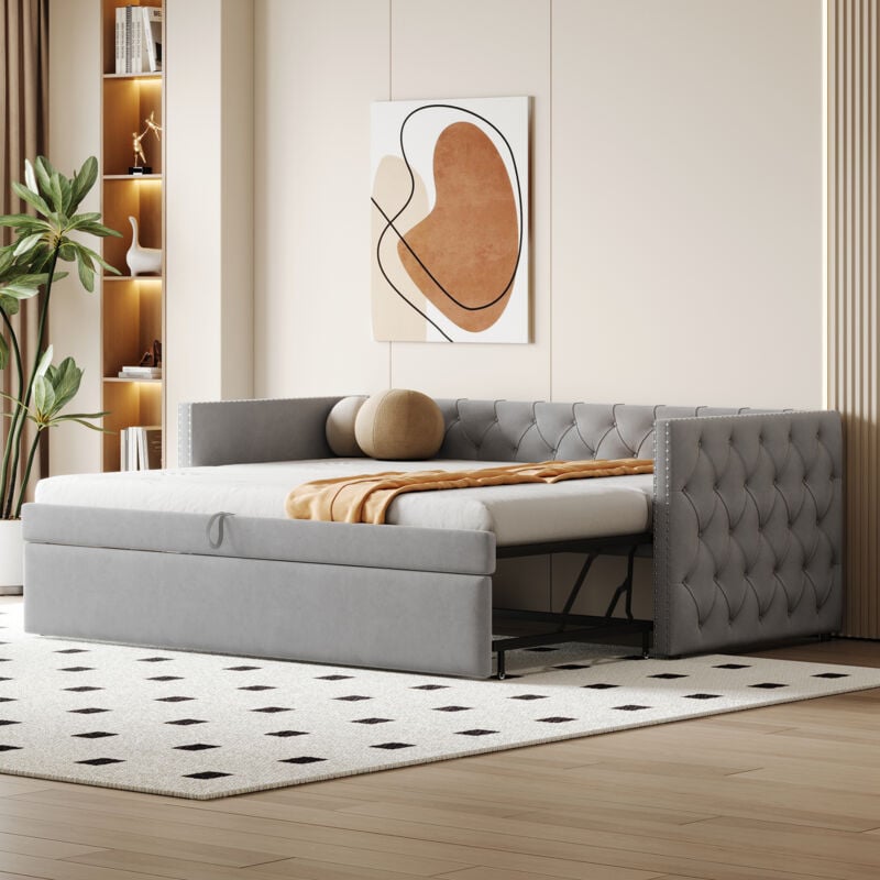 Redom - Lit rembourré, canapé-lit gigogne 90 x 200 cm, forme complète classique avec boutons, avec sommier à lattes, lit d'appoint multifonction,