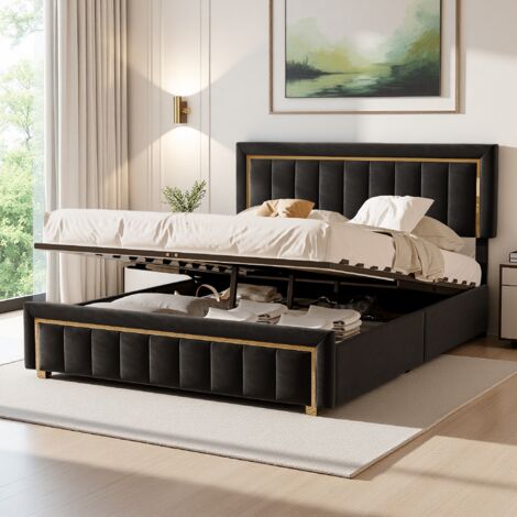 Lit rembourré coffre 160×200cm avec sommier - Cadre de Lit Hydraulique avec grand espace rangement - Style rayure - 2 personnes - Velours noir