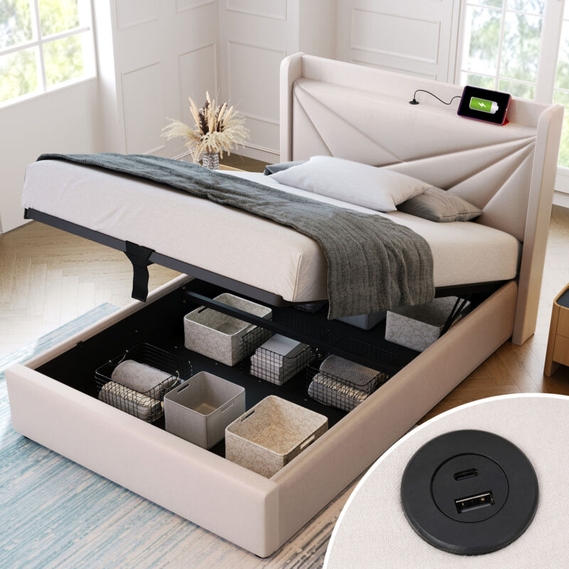 Lit coffre 90 x 200 cm, lit adulte/ado double rembourré, chargement usb, Lin, sans matelas, beige